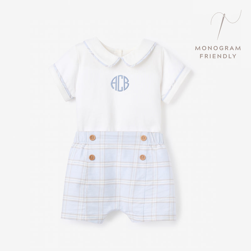 Blue Gray Plaid Trimmed Collar Bodysuit & Short Set