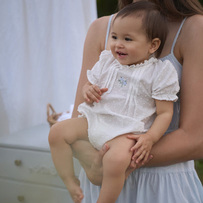 Swiss Dot Pintucked Bubble w/ Rose Embroidery