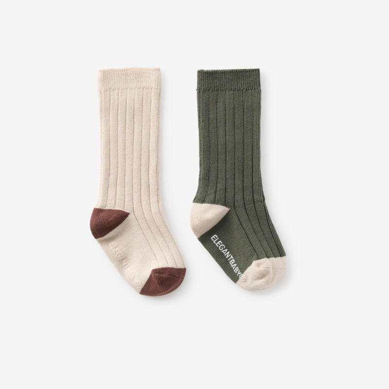 Green & Taupe Knee-High Non Slip Baby Socks 2 pk