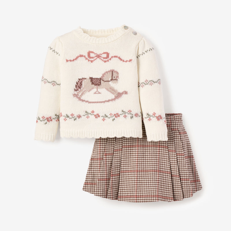 Rocking Horse Sweater & Plaid Skort