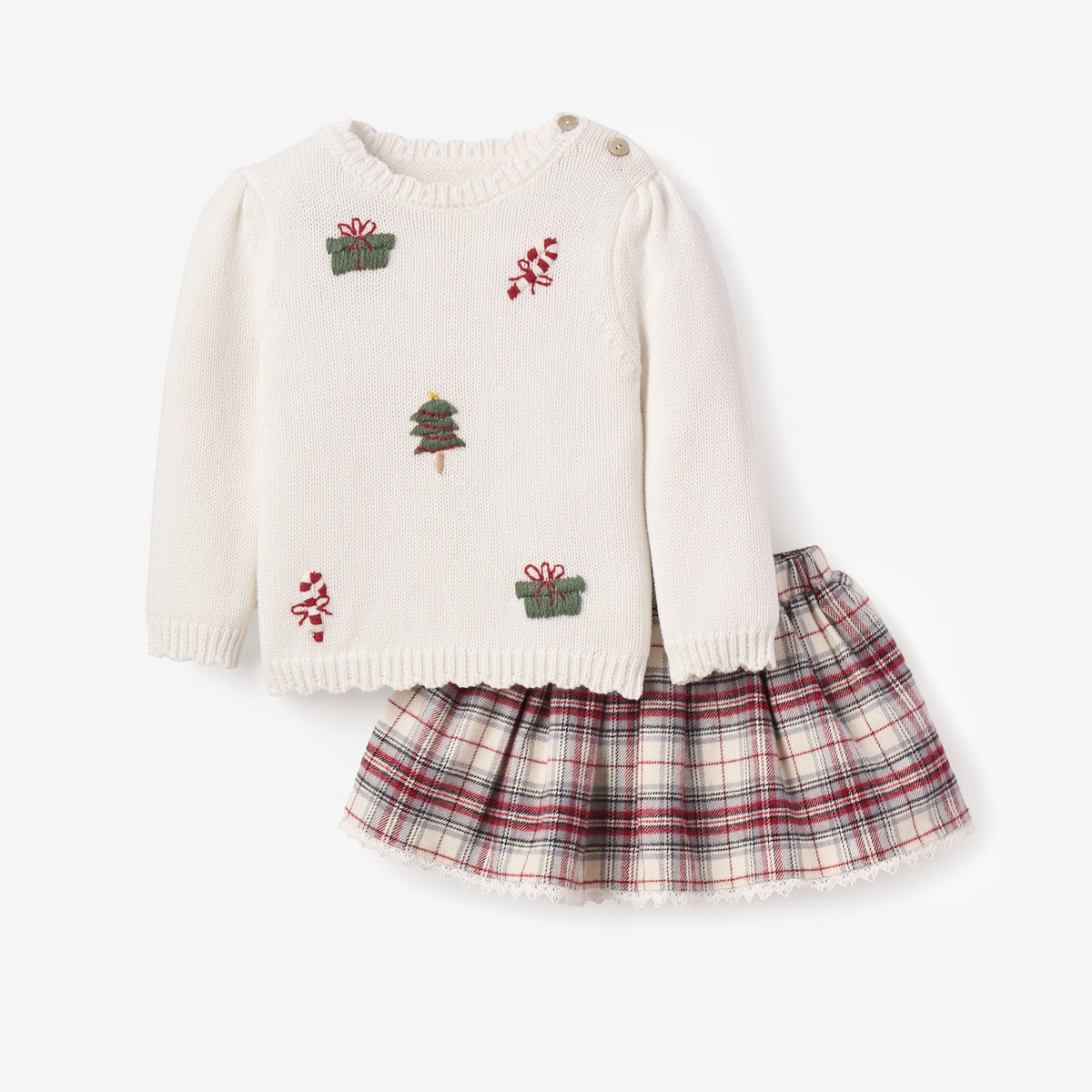 zoomed in Christmas Sweater + Langley Tartan Skirt Set view 1