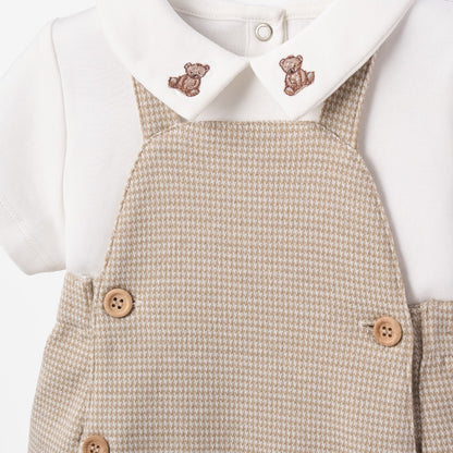 Teddy Bear Embroidered Houndstooth Overall Bubble