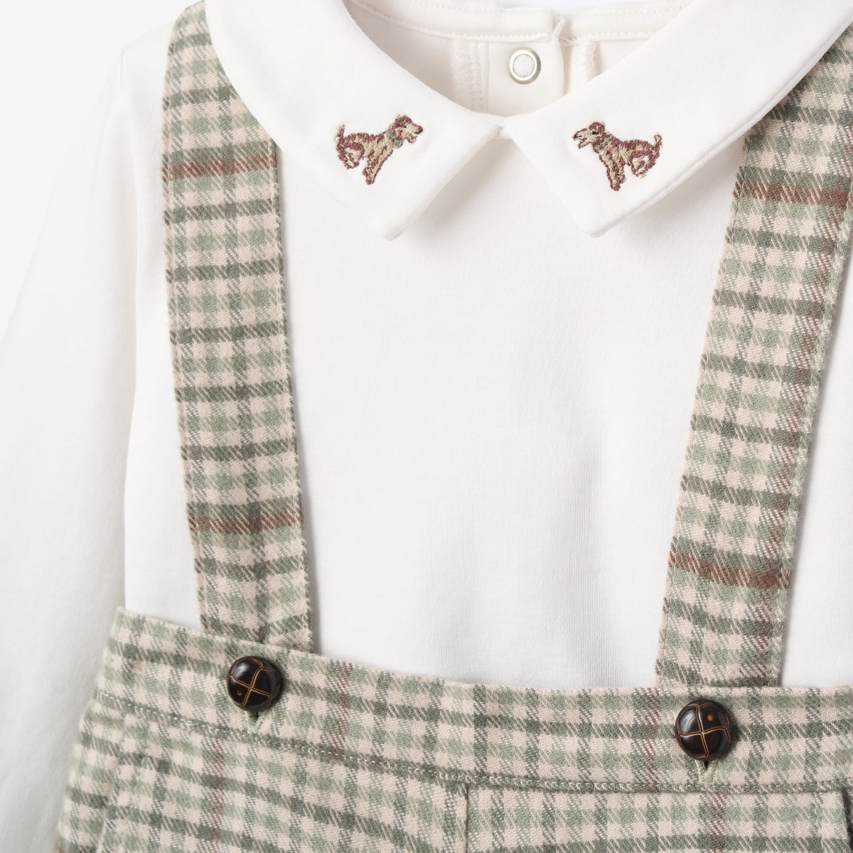 Embroidered Bodysuit + Heritage Plaid Suspender Shorts view 5