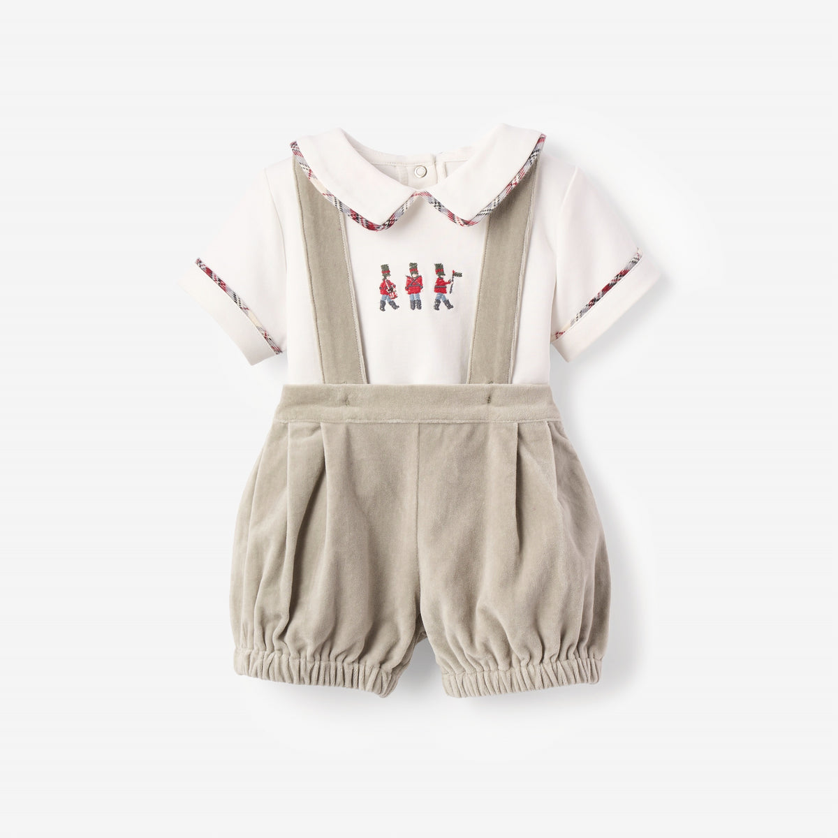 zoomed in Gray Velveteen Suspender Shorts + Toy Soldier Embroidered Top view 1