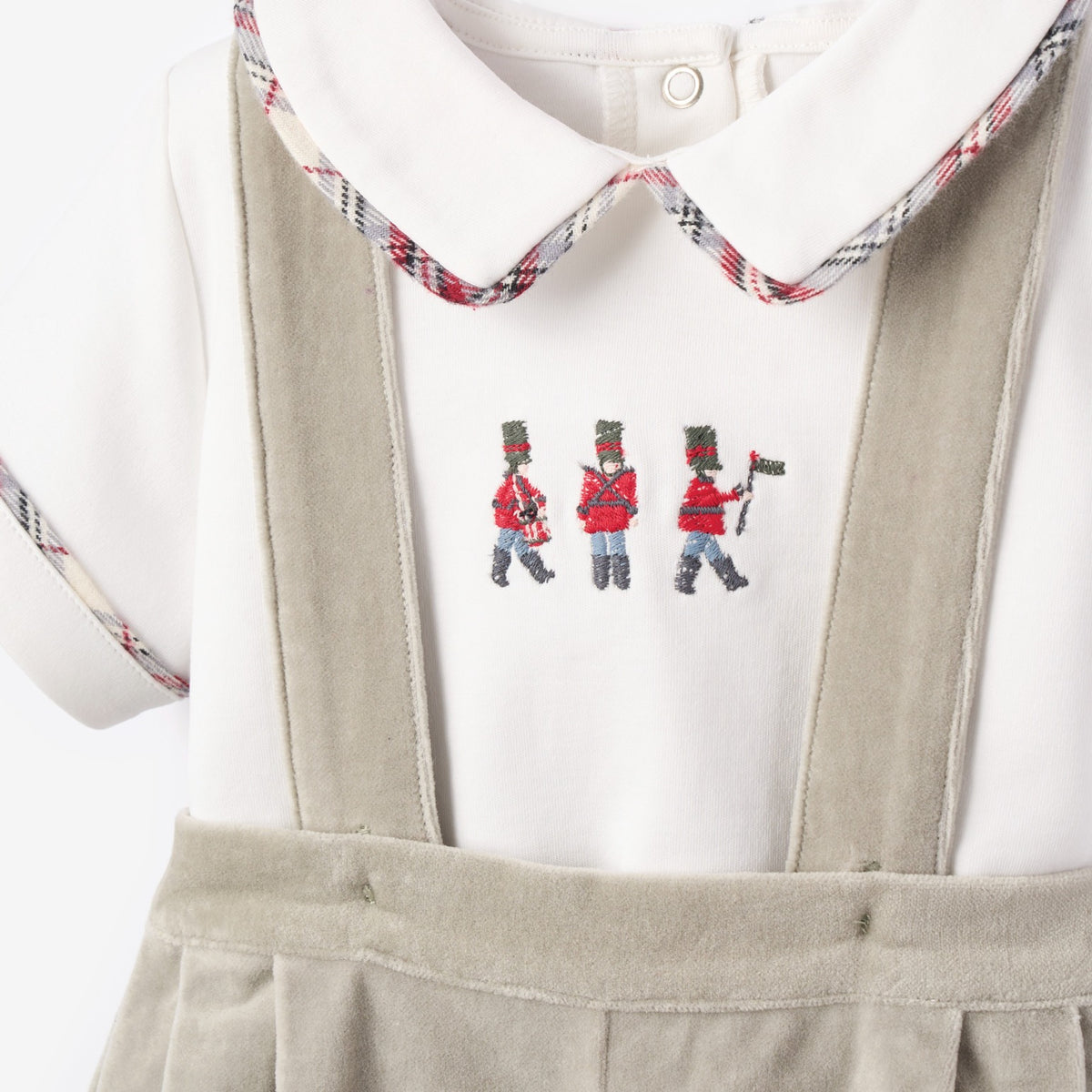 zoomed in Gray Velveteen Suspender Shorts + Toy Soldier Embroidered Top view 4