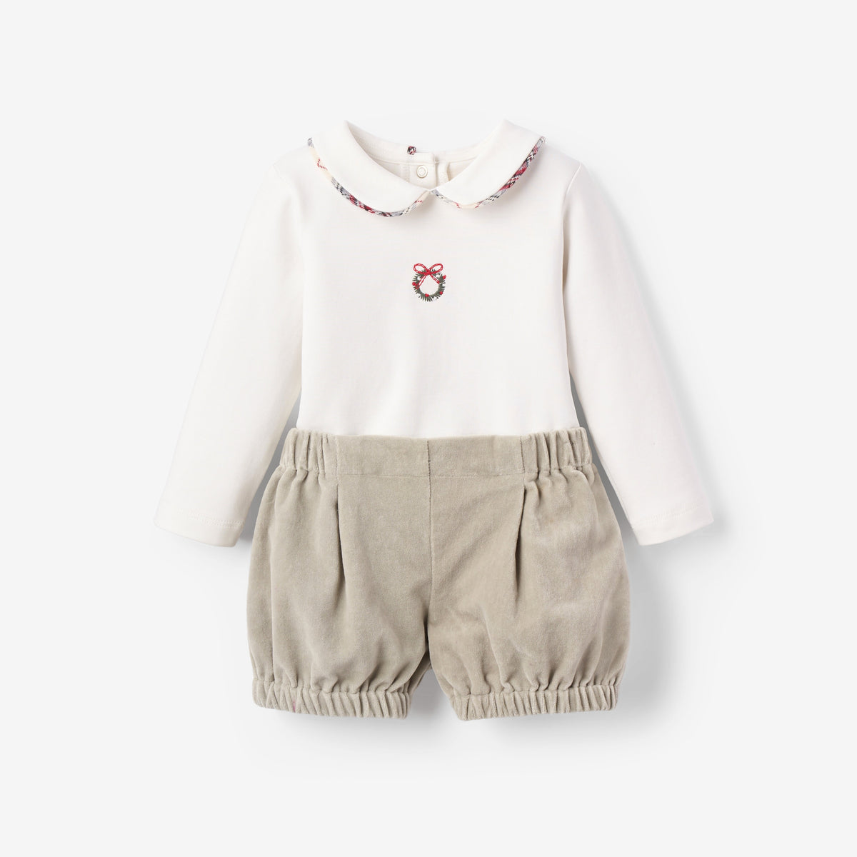 Gray Velveteen Shorts + Wreath Embroidered Bodysuit view 1