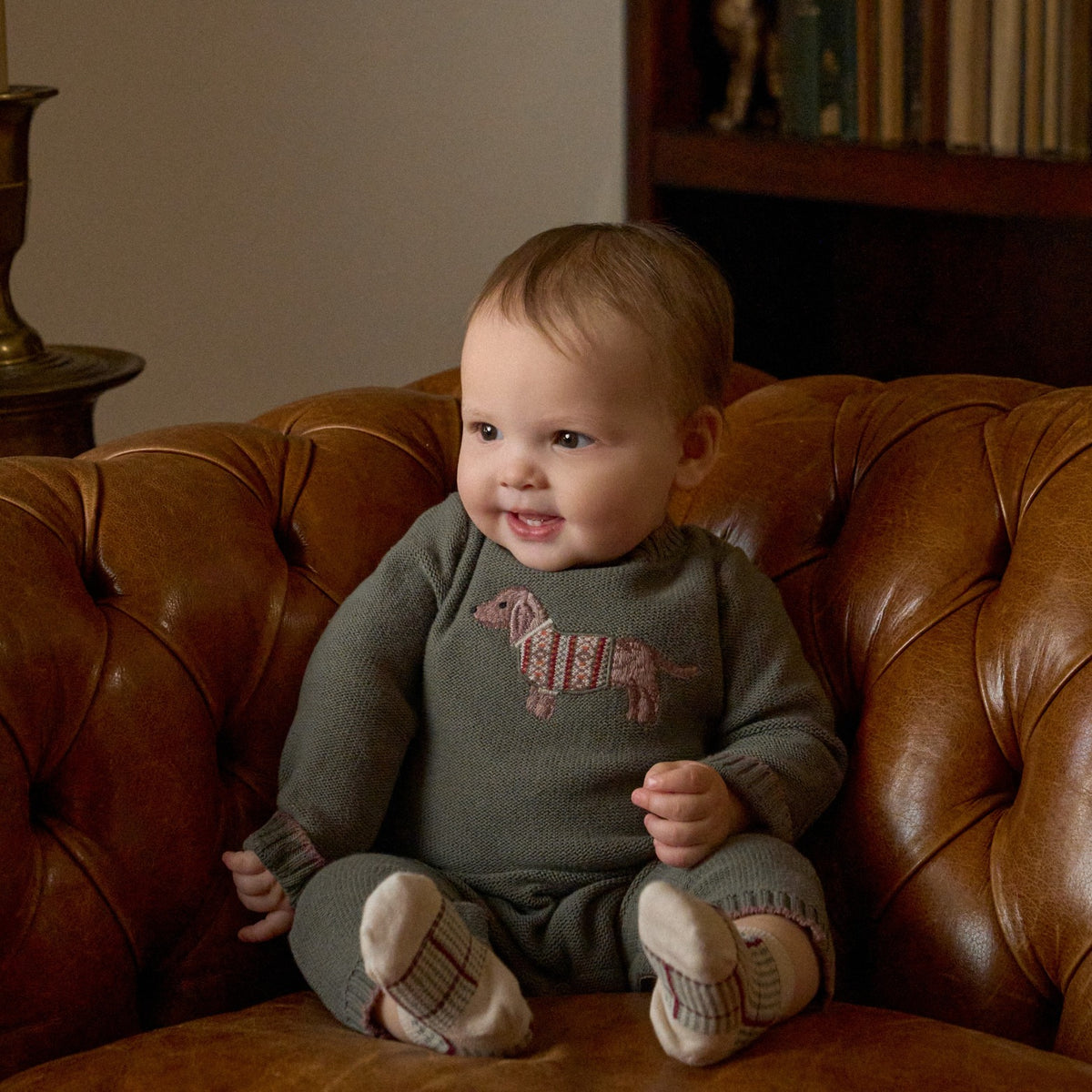 zoomed in Dog Knit Baby Jumpsuit view 2