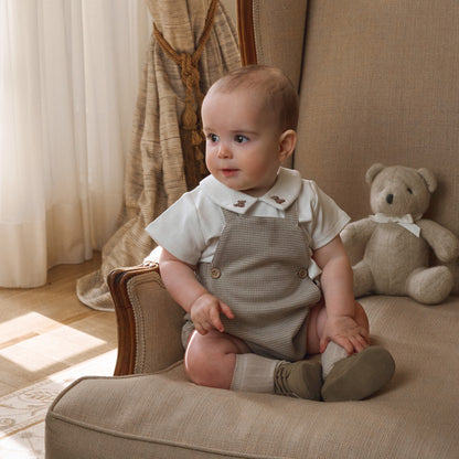 Teddy Bear Embroidered Houndstooth Overall Bubble