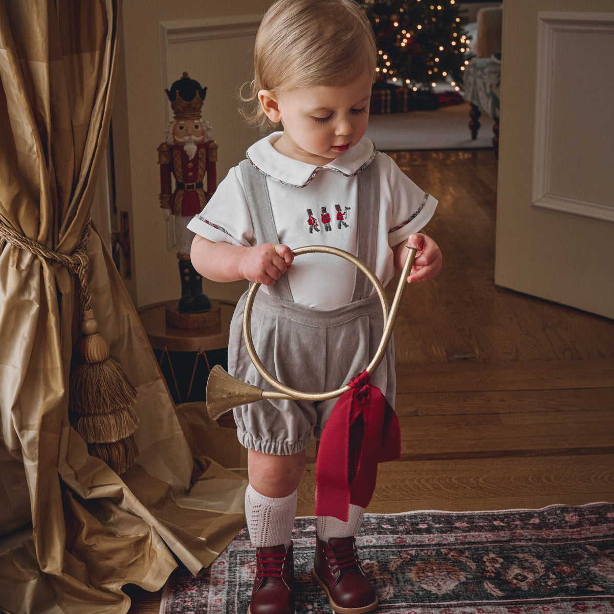 Gray Velveteen Suspender Shorts + Toy Soldier Embroidered Top view 2