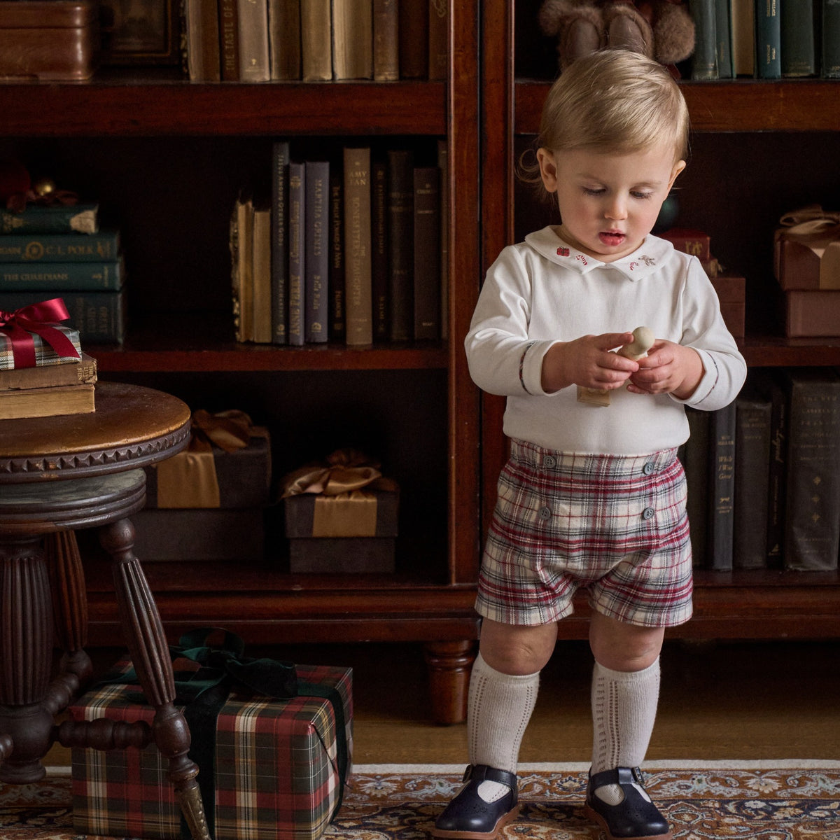 zoomed in Langley Tartan Shorts + Embroidered Holiday Bodysuit view 2