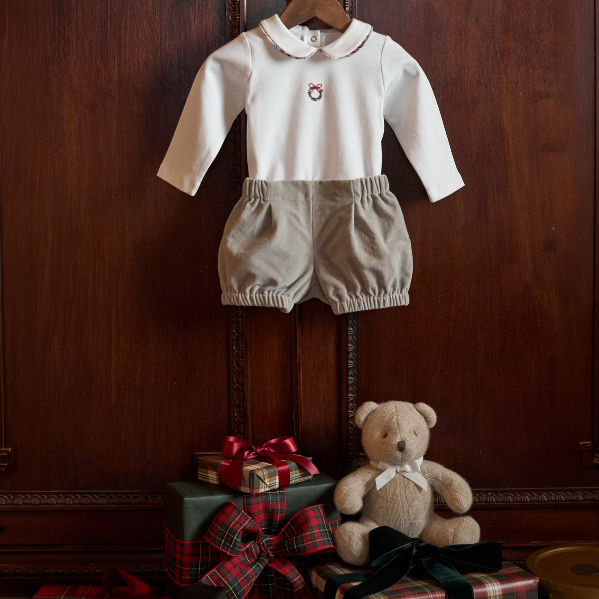 zoomed in Gray Velveteen Shorts + Wreath Embroidered Bodysuit view 2
