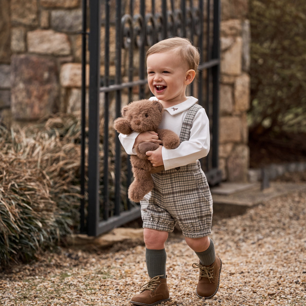 Embroidered Bodysuit + Heritage Plaid Suspender Shorts view 2