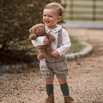 Embroidered Bodysuit + Heritage Plaid Suspender Shorts