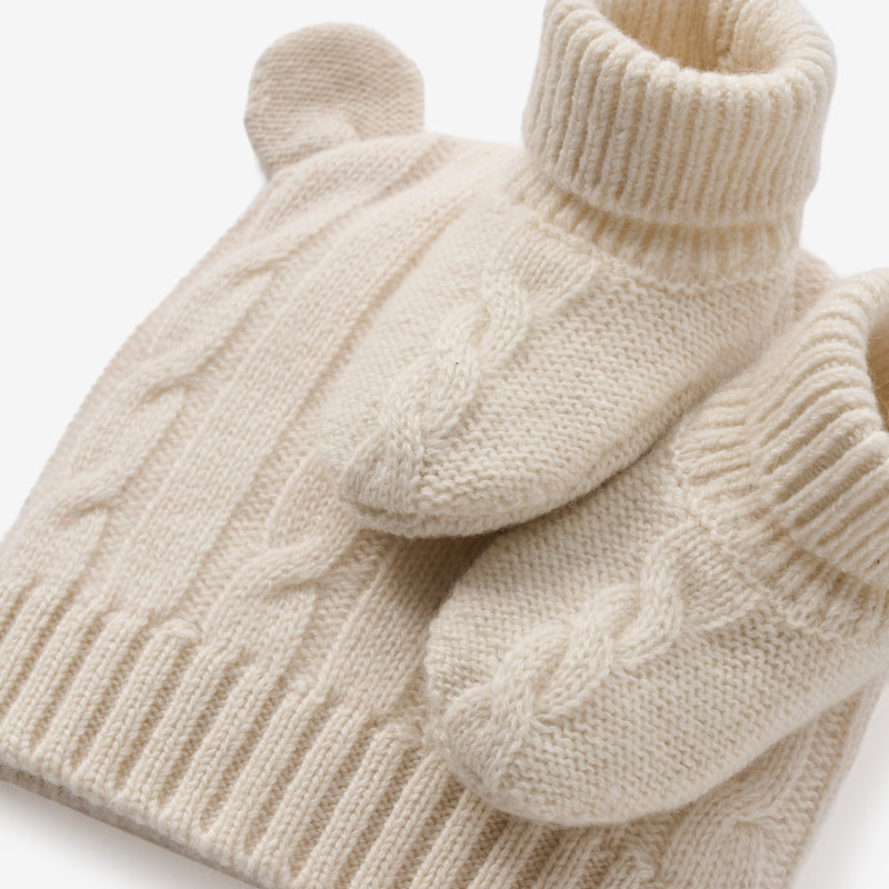 Cream 100% Cashmere Cable Hat & Booties Set