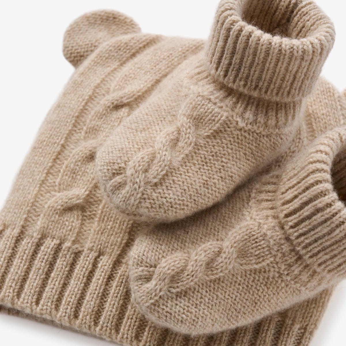 zoomed in Camel 100% Cashmere Cable Hat & Booties Set view 5