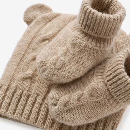 Camel 100% Cashmere Cable Hat & Booties Set