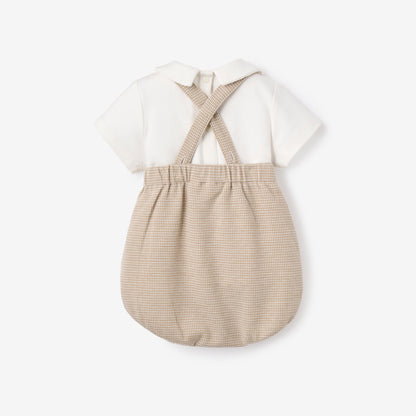Teddy Bear Embroidered Houndstooth Overall Bubble