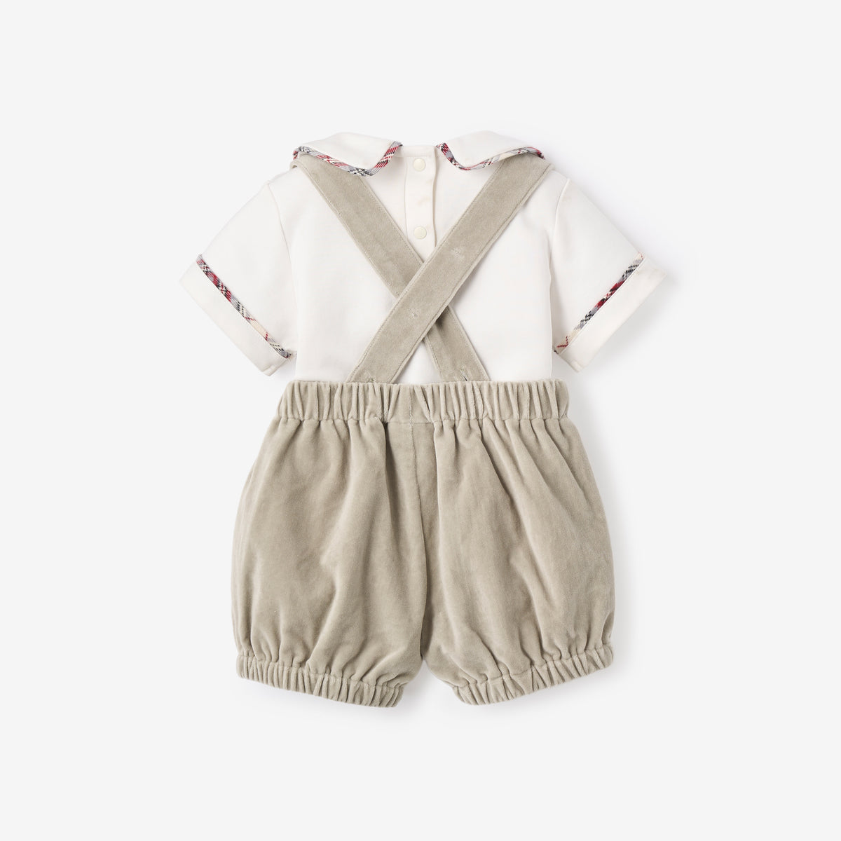 zoomed in Gray Velveteen Suspender Shorts + Toy Soldier Embroidered Top view 5