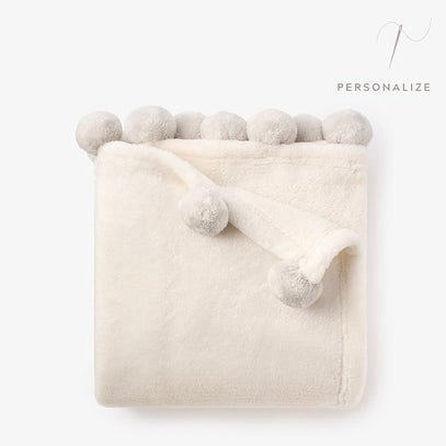 Pale Gray Pom Trim Fleece Baby Stroller Blanket