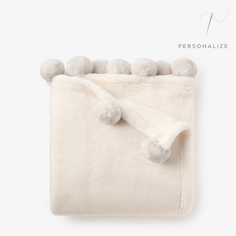 Pale Gray Pom Trim Fleece Baby Stroller Blanket