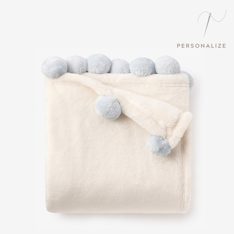 Pale Blue Pom Trim Fleece Baby Stroller Blanket