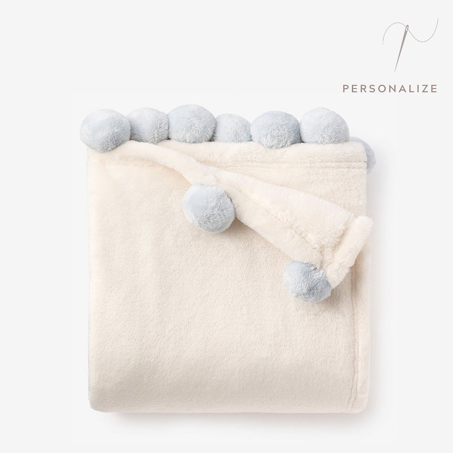 zoomed in Pale Blue Pom Trim Fleece Baby Stroller Blanket view 1