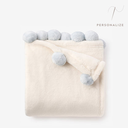 Pale Blue Pom Trim Fleece Baby Stroller Blanket