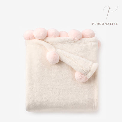 Pale Pink Pom Trim Fleece Baby Stroller Blanket