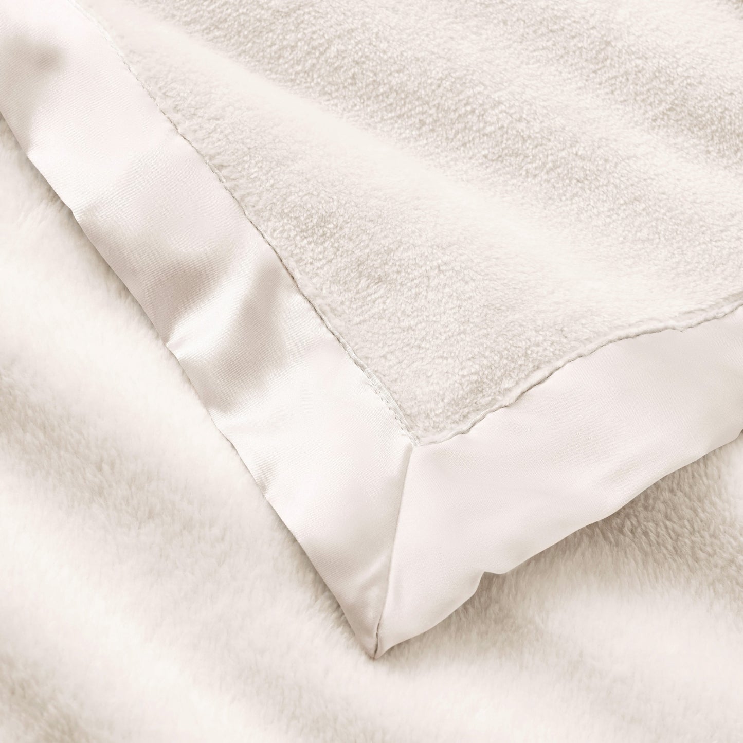 zoomed in White Satin Trim Flannel Fleece Baby Stroller Blanket view 2