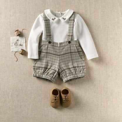 Embroidered Bodysuit + Heritage Plaid Suspender Shorts