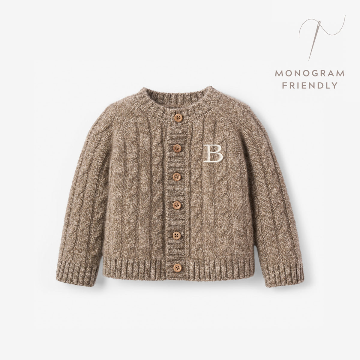 zoomed in Marled Brown 100% Cashmere Knit Baby Cardigan view 1