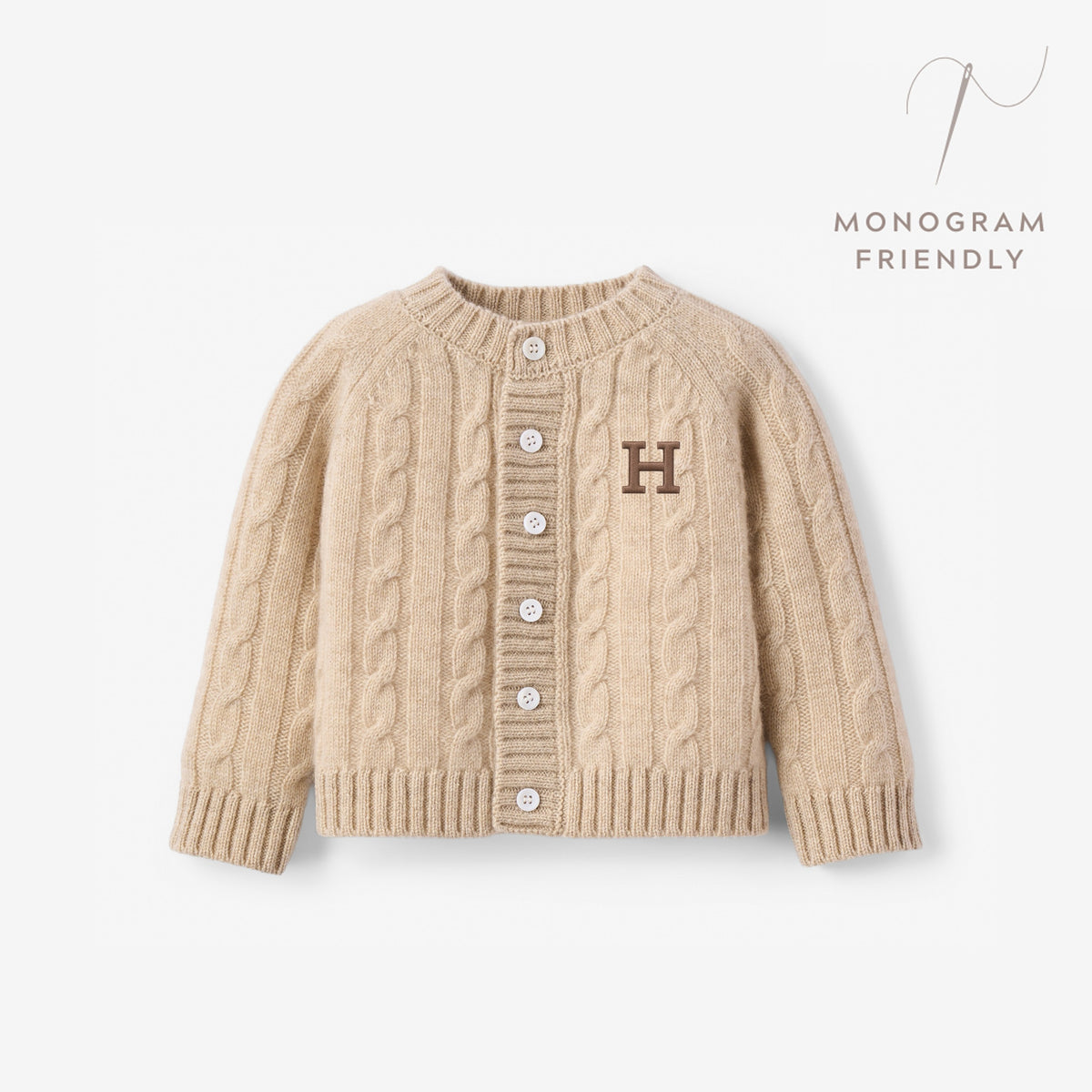 zoomed in Camel 100% Cashmere Knit Baby Cardigan view 1