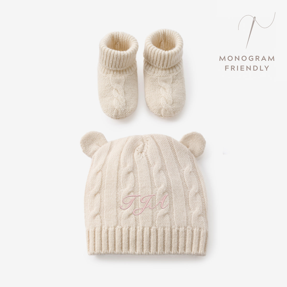 zoomed in Cream 100% Cashmere Cable Hat & Booties Set view 1