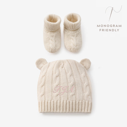 Cream 100% Cashmere Cable Hat & Booties Set