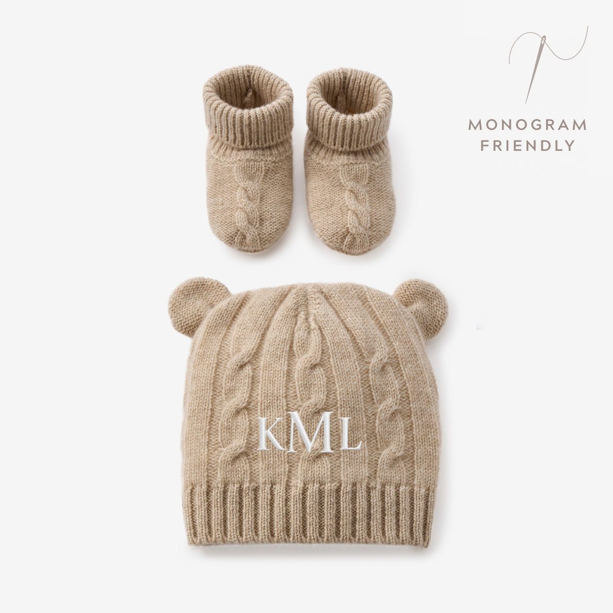 Camel 100% Cashmere Cable Hat & Booties Set view 1