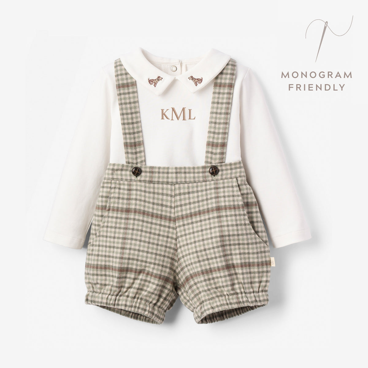 Embroidered Bodysuit + Heritage Plaid Suspender Shorts view 1
