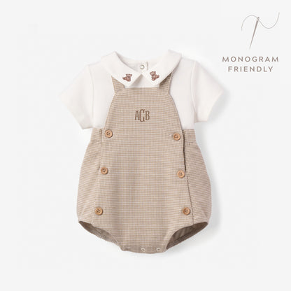 Teddy Bear Embroidered Houndstooth Overall Bubble