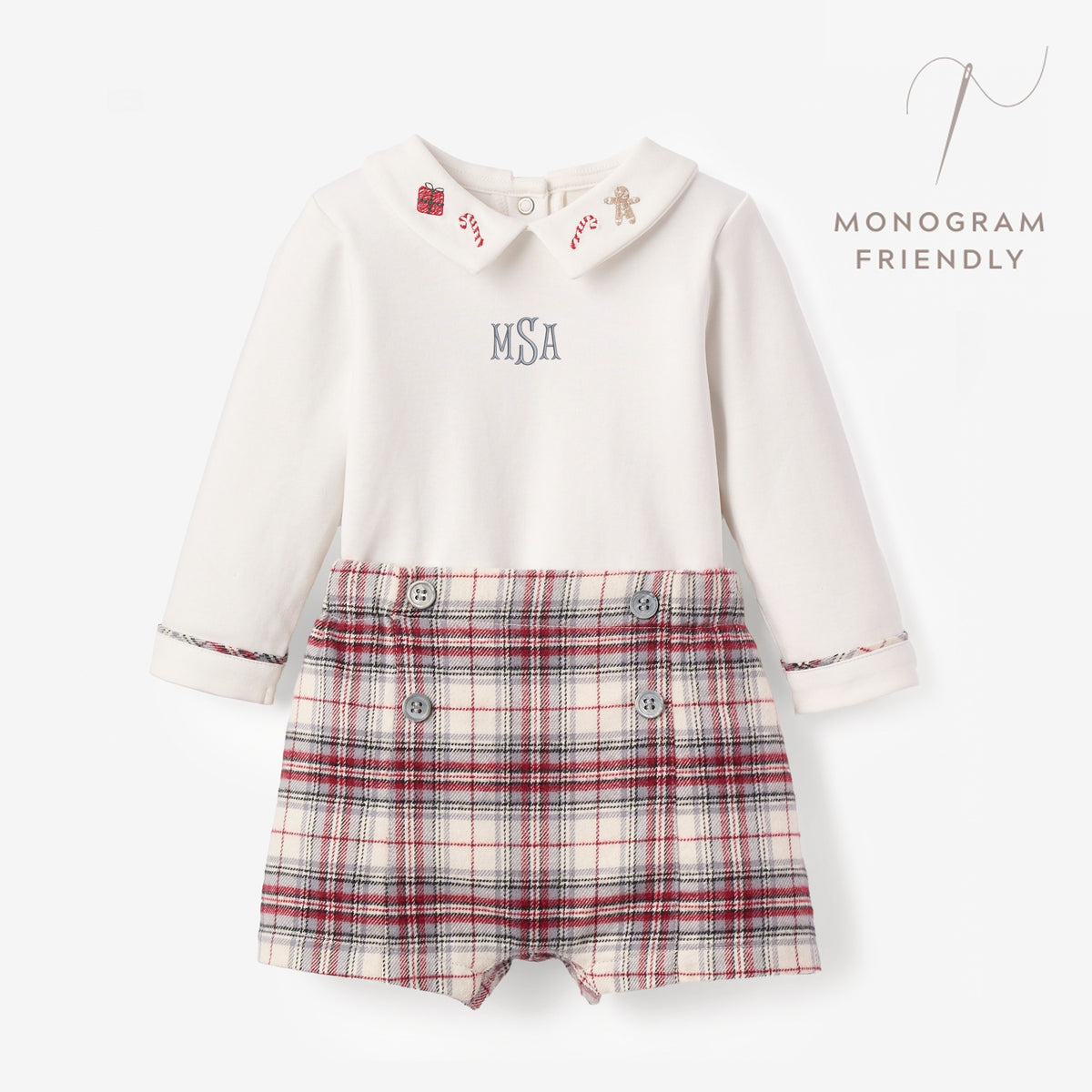 Langley Tartan Shorts + Embroidered Holiday Bodysuit view 1