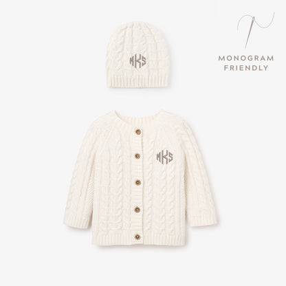 Whisper White Horseshoe Cable Knit Cardigan & Hat Baby Boxed Gift Set