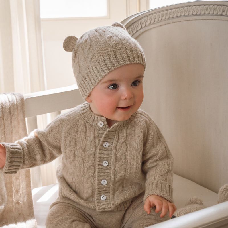 Camel 100% Cashmere Cable Hat & Booties Set