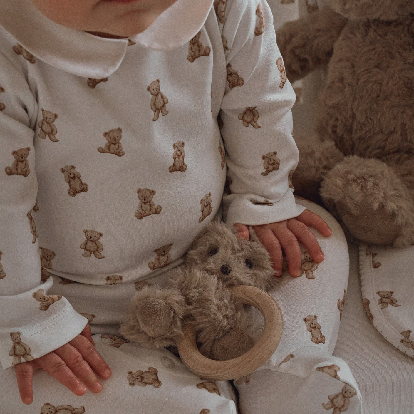 zoomed in Plush Textured Bear Wooden Ring Rattle view 3