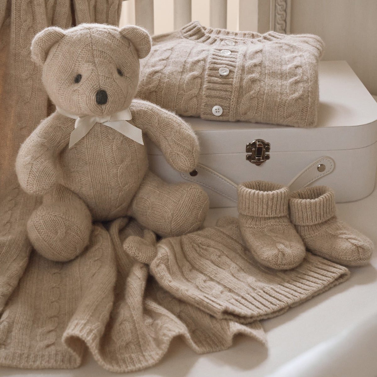 zoomed in Camel 100% Cashmere Cable Baby Blanket view 2