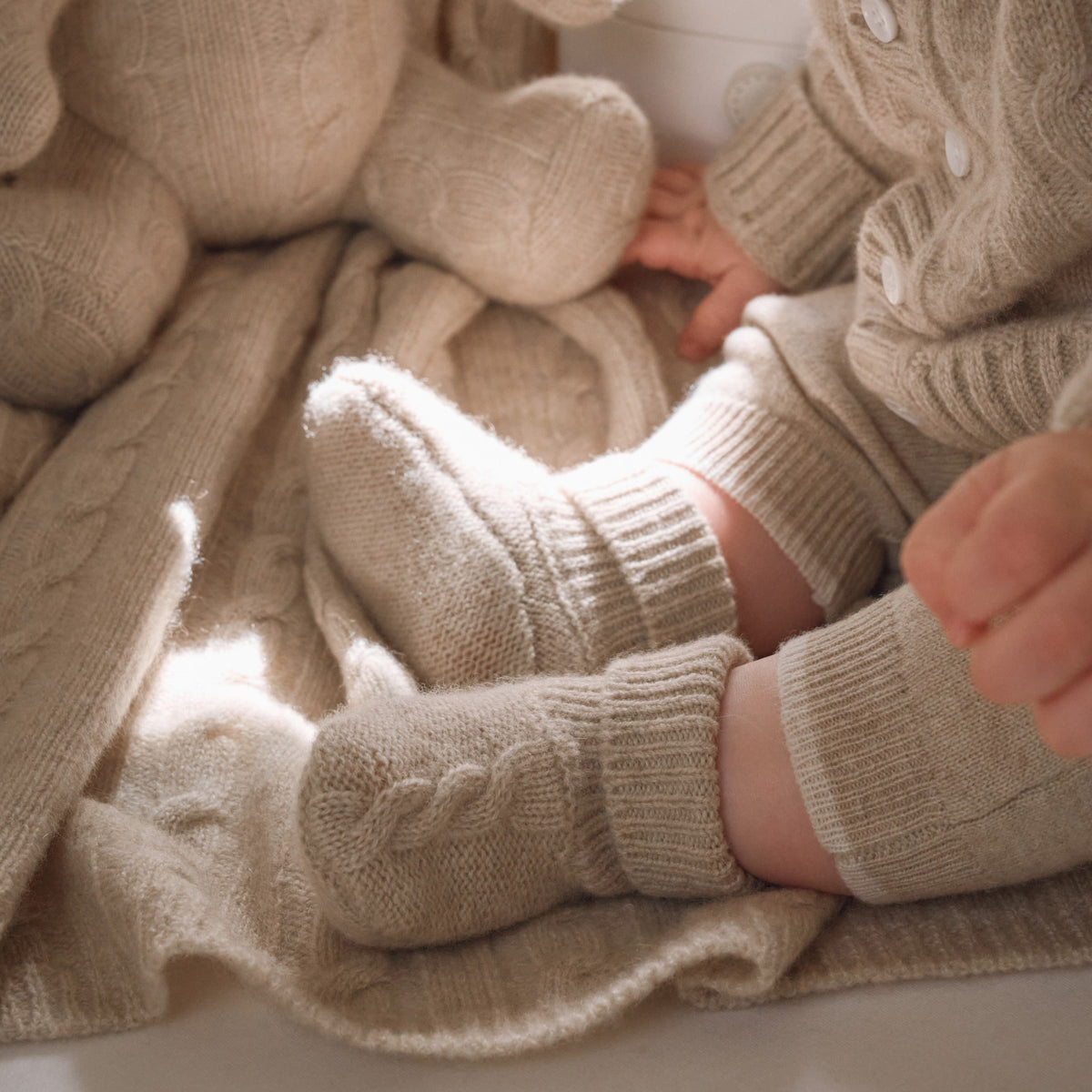 zoomed in Camel 100% Cashmere Cable Hat & Booties Set view 3
