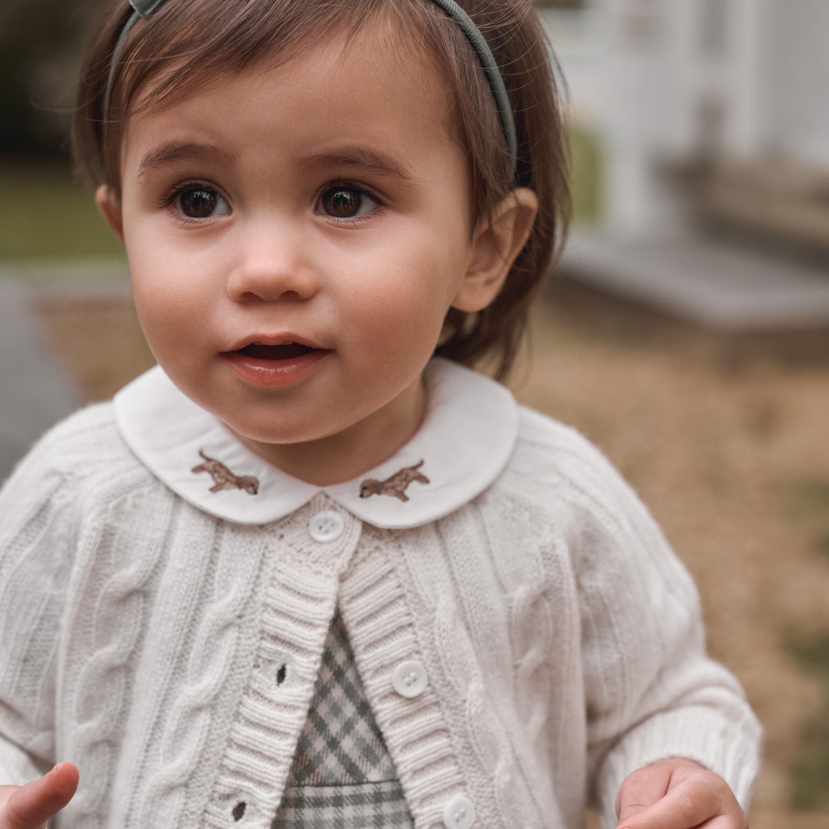 zoomed in Cream 100% Cashmere Knit Baby Cardigan view 3