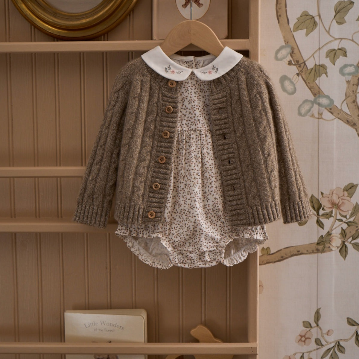 zoomed in Marled Brown 100% Cashmere Knit Baby Cardigan view 5