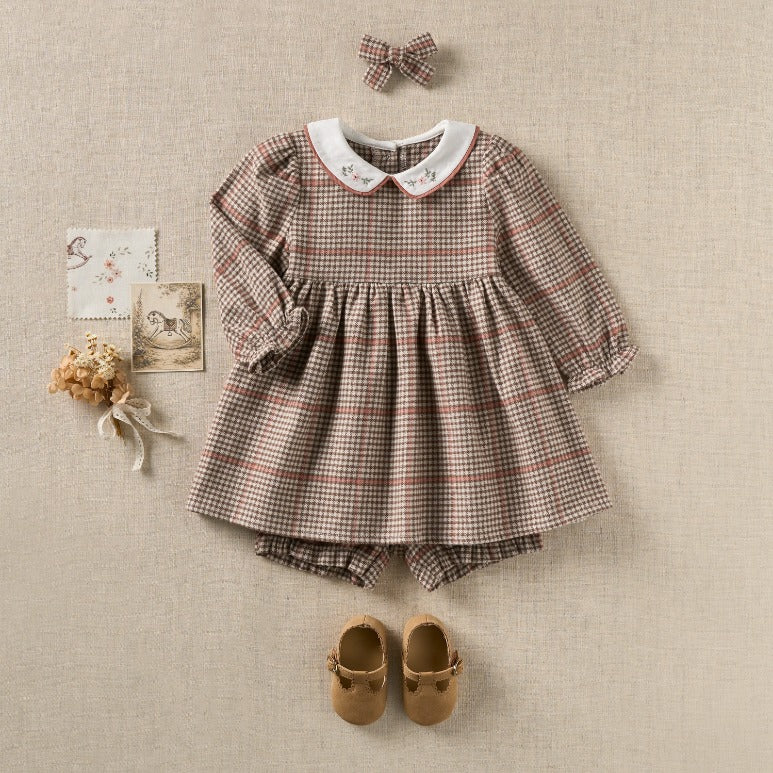 Glen Plaid Dress w/ Embroidered Peter Pan Collar