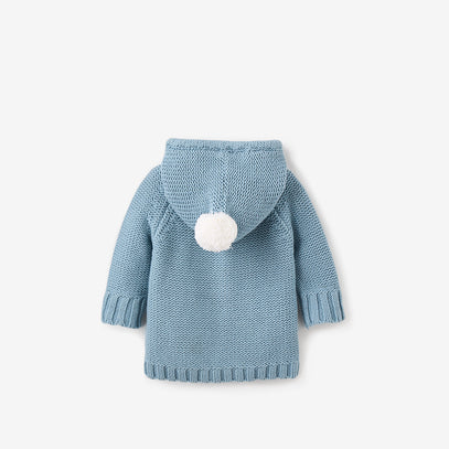 Blue Chunky Hooded Pom Pom Cardigan