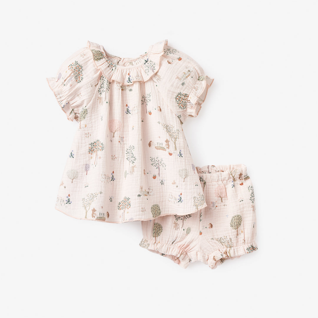 Garden Picnic Organic Muslin Ruffle Collar Top + Bloomer Set – Elegant Baby