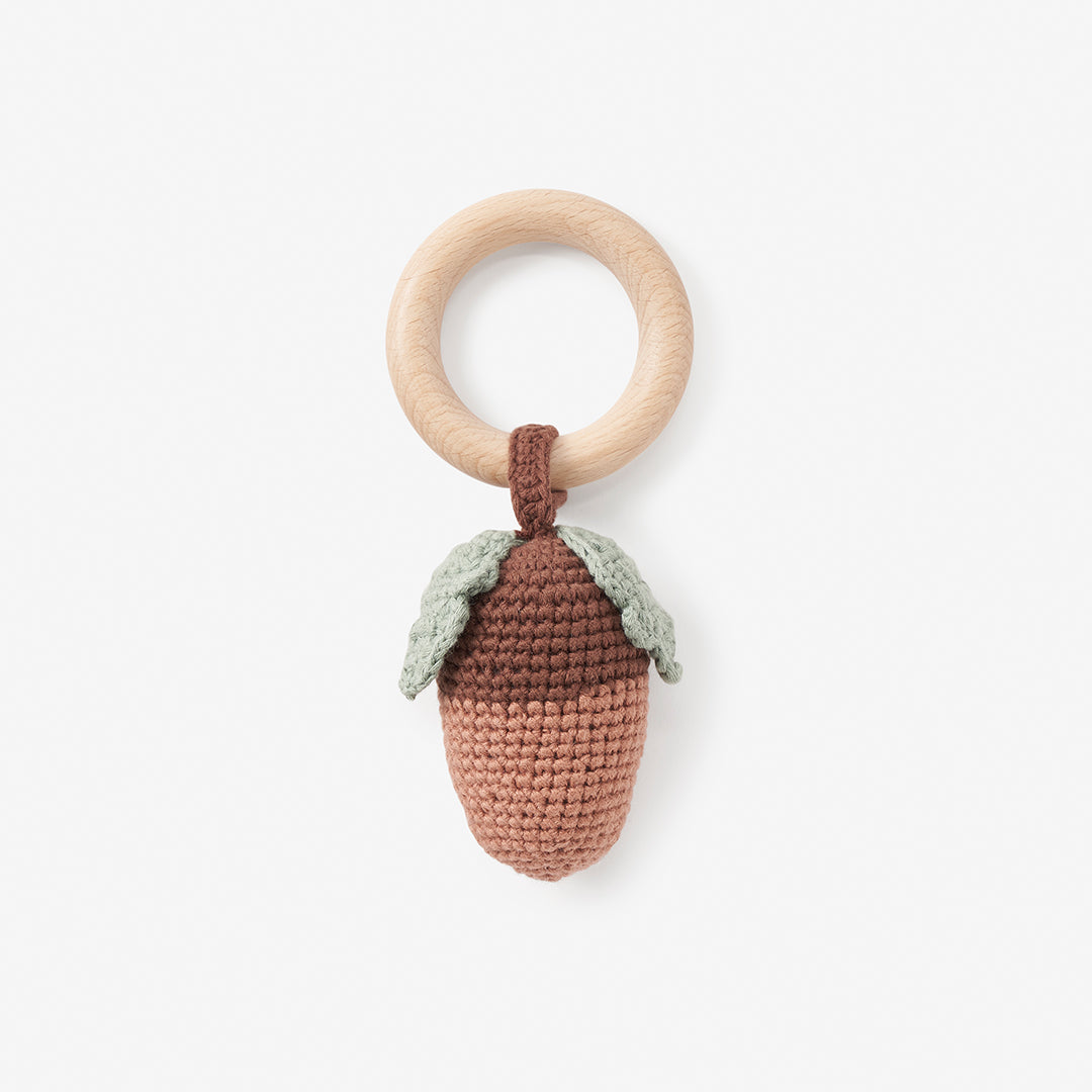 Acorn Knit Wooden Baby Rattle