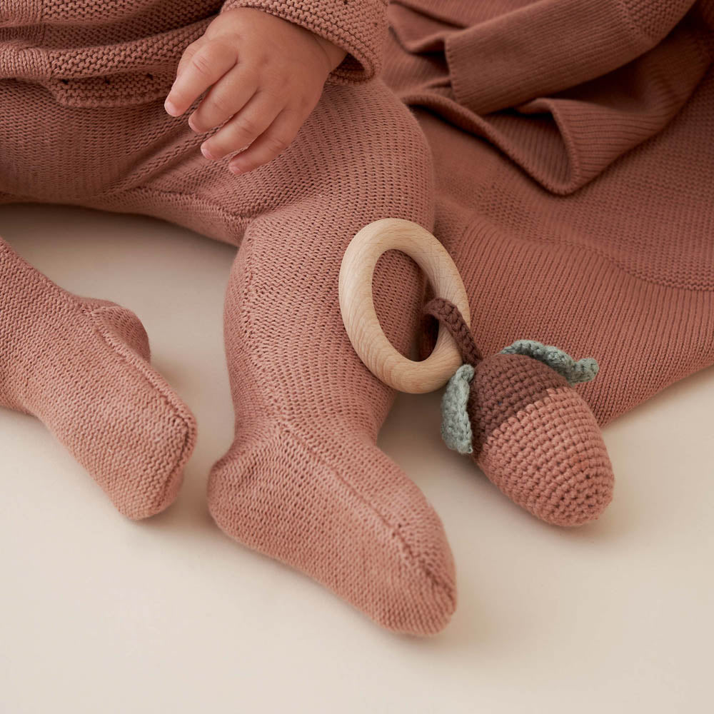 Acorn Knit Wooden Baby Rattle